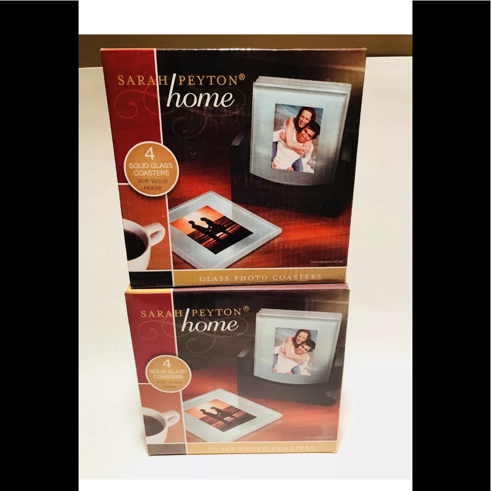Sarah Peyton Glass Coasters With Wood Holder New